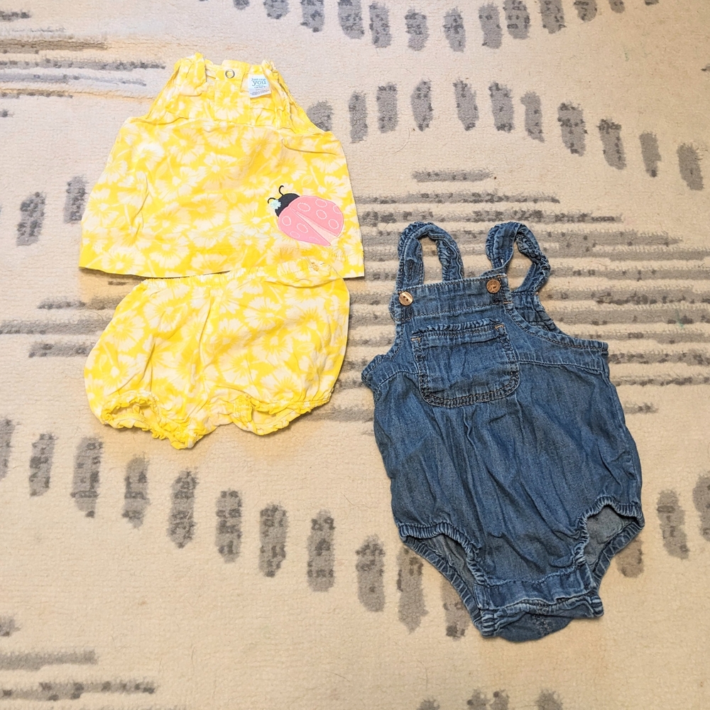 Yellow Floral And Ladybug Baby Set and Blue Denim Romper